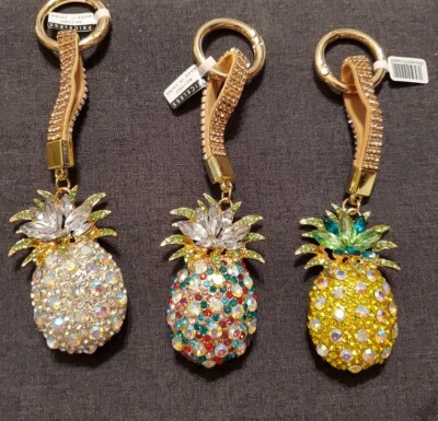 Lot of 3 Pineapple Keychain Iridescent Faux Crystals Gold Tone Bling Purse Charm