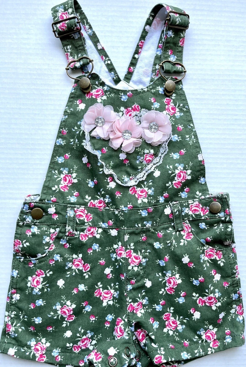 Little Lass Baby Girl Shorts Overalls Green With Pink Floral Pattern Size 24m