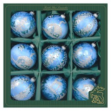 Krebs Glas Lauscha Weihnachtskugeln Blau Eislack mit Dekor 9 Stück/Set, Ø 8 cm