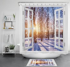 Modern Window Sunshine Forest Snow Scene Shower Curtain Bathroom Accessories Set