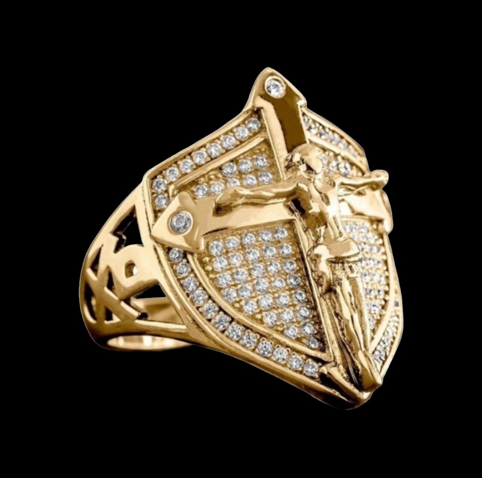 MEN JESUS CROSS SHIELD HIP HOP RAPPER GOLD PLATED LUXURY PINKY RING ...