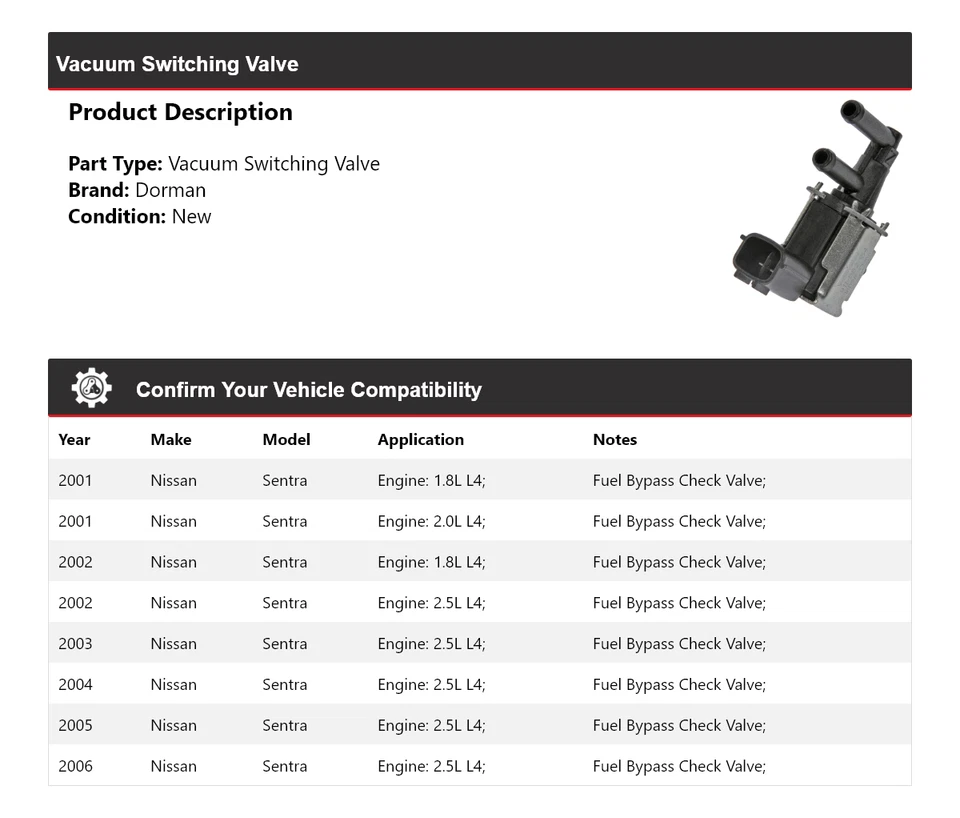 Válvula de conmutación de vacío para Nissan Sentra Dorman 2001-2006 2002 2003 2004 2005 Foto 2 de 4