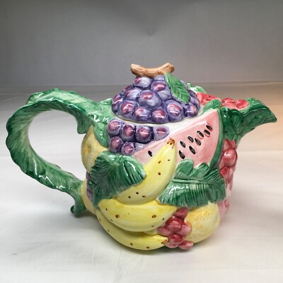 Fitz & Floyd Majolica Tea Pot Mixed Fruit Bannas Watermelon Grapes Pineapple