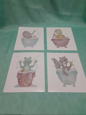 4 New Watercolor Baby Elephant Raccoon Frog Turtle Child's bathtub prints 8x10  