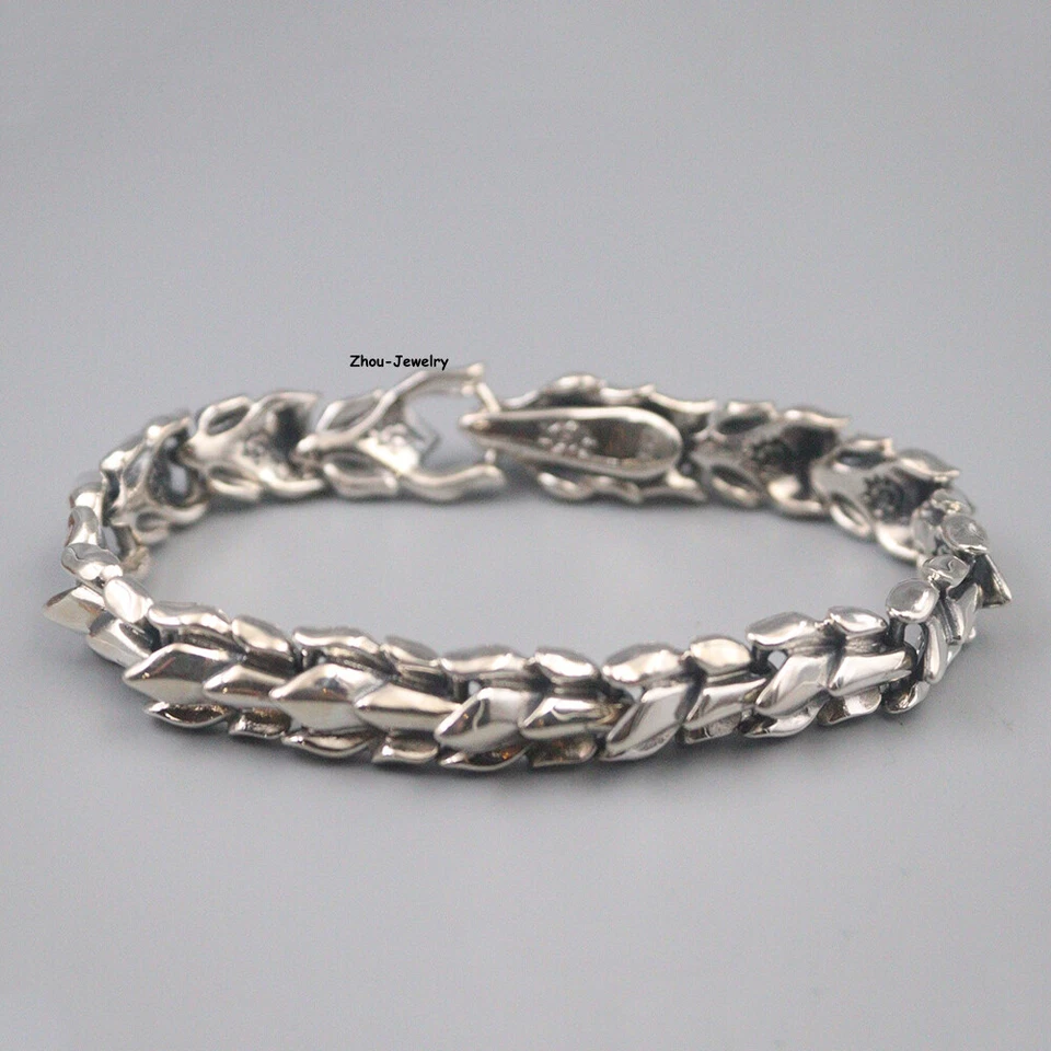 Solid S925 Sterling Silver Chain Men 11mm Dragon Bone Link Bracelet 60-61g 7.9in - Image 2 of 4