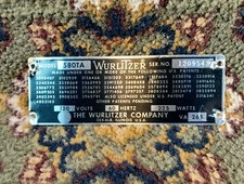 Vintage WURLITZER Organ Model  Serial No. Plate Model 580TA Ser. 1209543