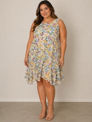 Calvin Klein Sleeveless Floral Lined High Low Knee Ruffle Sheer NWOT Dress 16