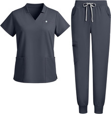 Scrubs for Women Set with V-Neck Top Jogger Pants 8-Pockets Yoga Waistband. So