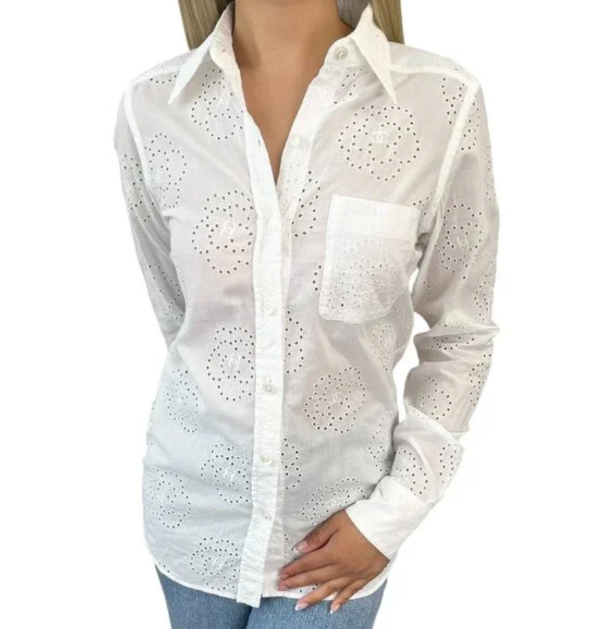 CHANEL Vintage 08P CC Logo Mark Camellia Blouse Shirt #36 Top