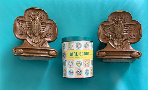 Old Girl Scout Bookends and Tin