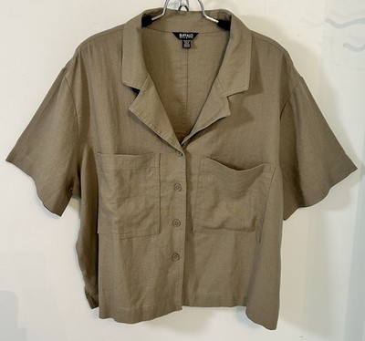 Buffalo David Bitton Womens XXL Short Sleeve Linen Blend Khaki Button Up Top EUC