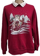 Vintage Santa Horse Sweatshirt Red Collared Graphic Christmas USA Made L