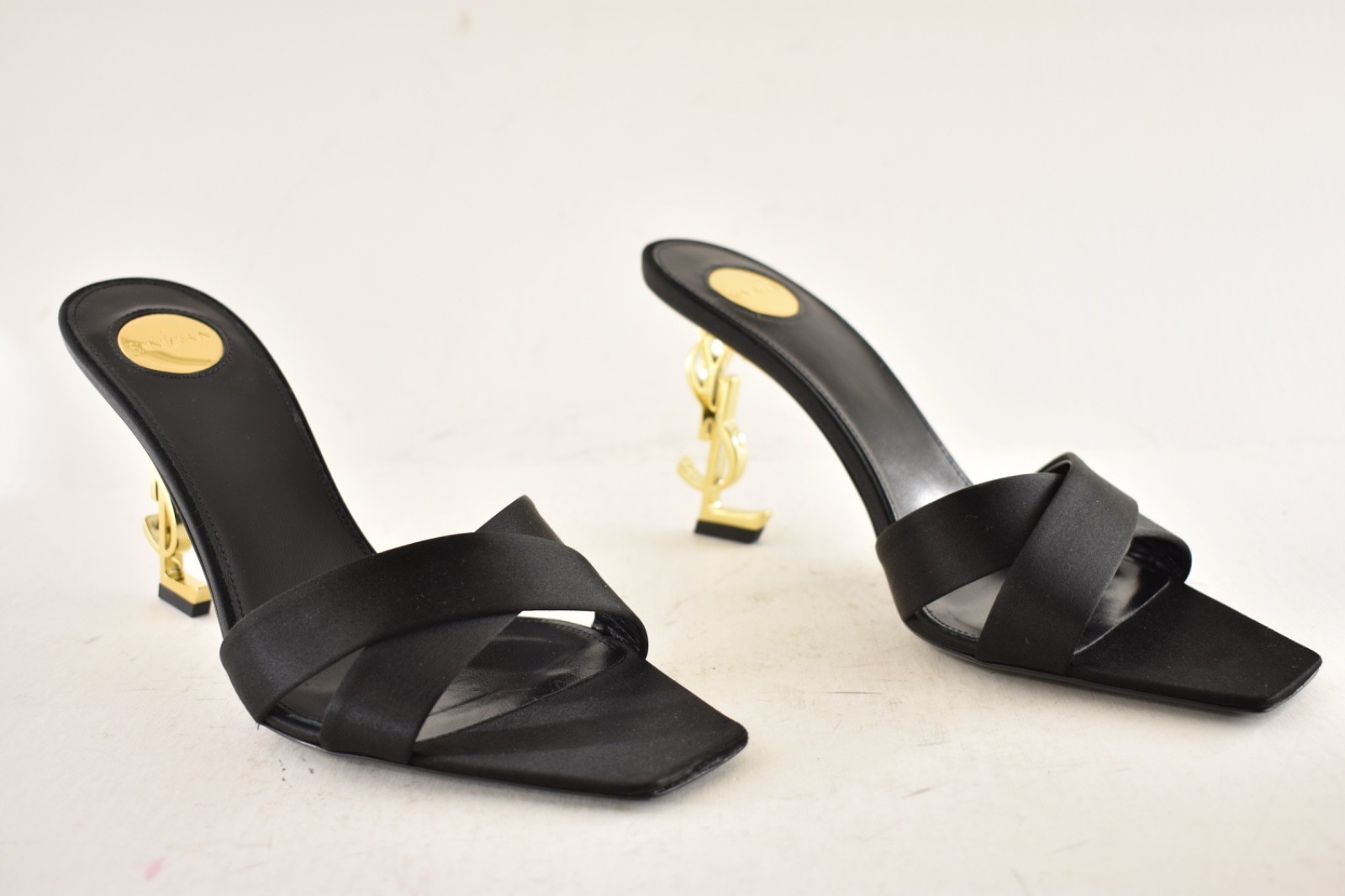 Saint Laurent Opyum 85 sandalo nero raso oro YSL tacco senza schienale muletto 37