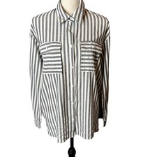 Striped Button Down Shirt Long Sleeve Collared Pocket Gray White Womens
