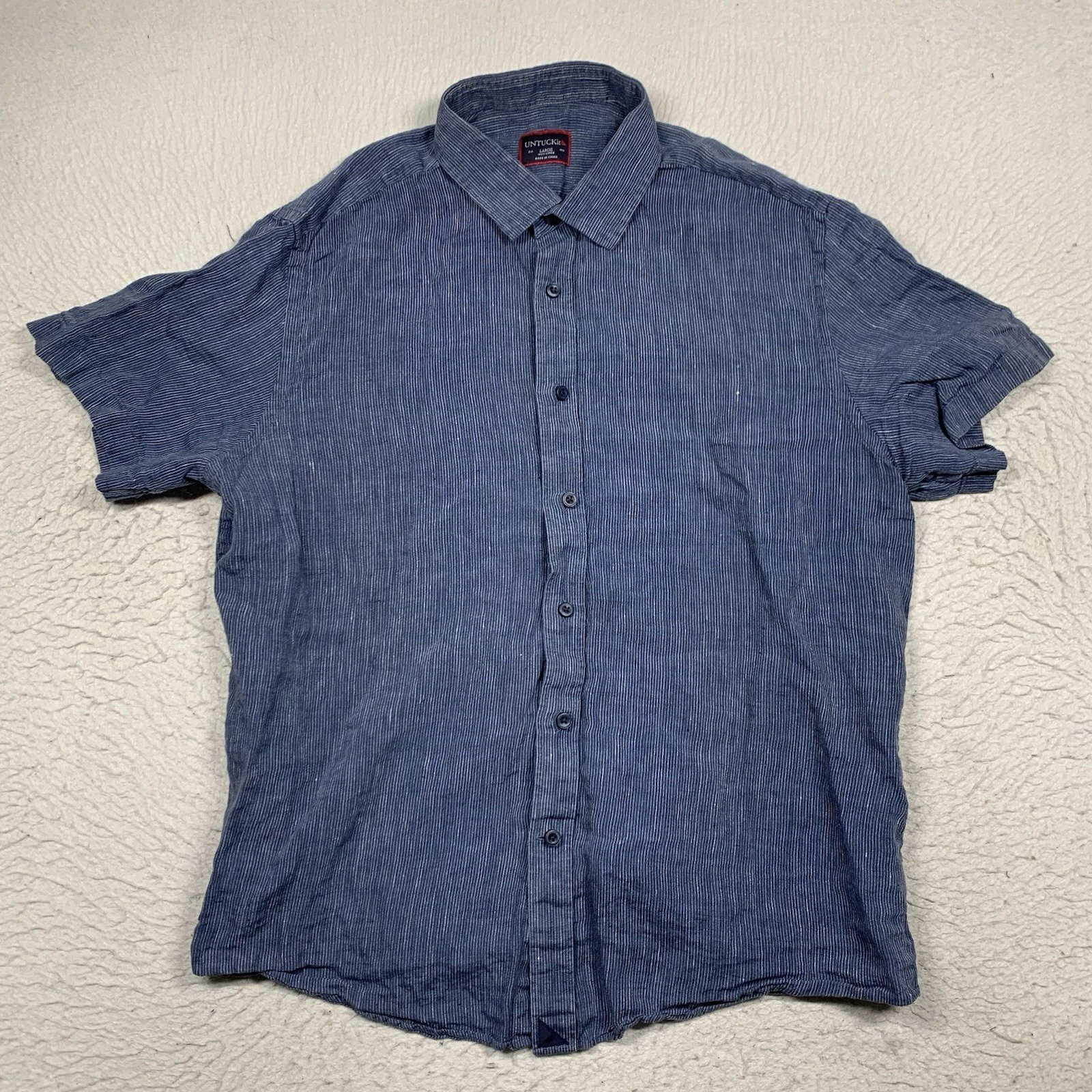 UNTUCKit Shirt Linen Mens Large Blue Striped Button Up Short Sleeve