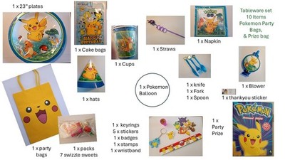Pokémon Party Bag 10 Item& tableware Plate Cup Cutlery etc + Party Prize Annual