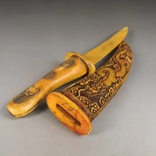 Cuchillo de dragón y fénix chino antiguo de 28,5 cm raro de hueso de búfalo tallado a mano