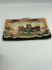 Vintage 70s Tapestry Clutch Purse Horse And Carriage Tortoise Plastic Kiss Lock