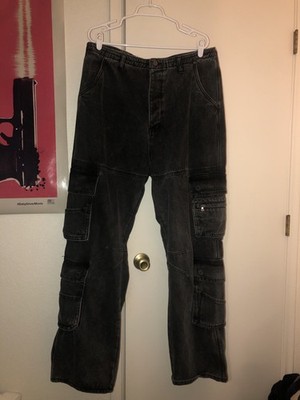 MNML Washed Black Denim Baggy Cargo Pants 36x33 Rave Grunge Skate Pockets Stack