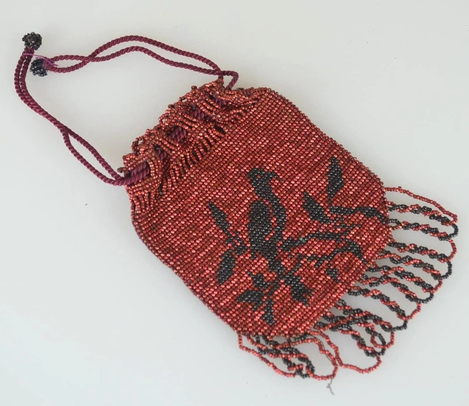VICTORIAN FRENCH CHILDREN'S MICRO BEAD BIRD DRAWSTRING PURSE FLAPPER - 3 1/4" - Image 2 of 3