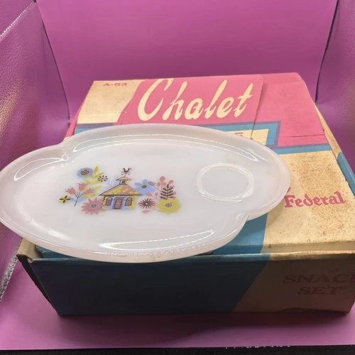 Vintage MCM Federal Snack Plate  Cup Set Rare Chalet 1950s in Box 4 cups 2 Plate