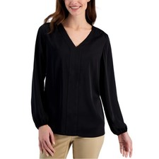 JM Collection Womens XL Deep Black Satin V Neck Long Sleeve Blouse Top NWT Z67