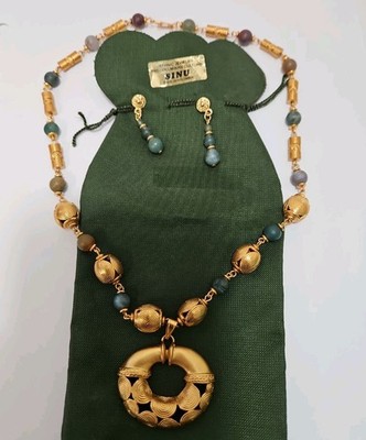 Gold Plated 24k PreColumbian Inca Pendant Necklace & Drop Earrings Set Faux Jade