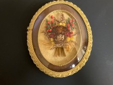 Handmade Belgium Wall Art Dried Flowers Convex Domed Glass Frame w/hanging Ribbo
