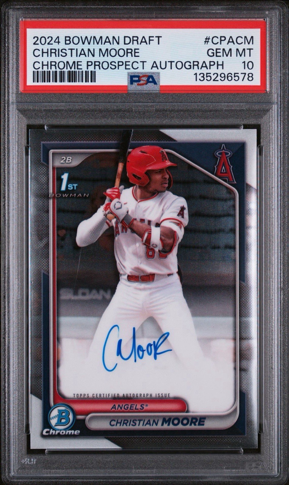 2024 Bowman Draft Christian Moore 1st Chrome Auto Los Angeles Angels PSA 10🔥