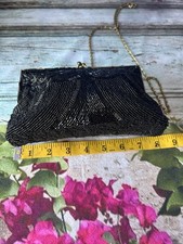 La Regale Black Beaded Evening Bag Kiss Lock Clutch w Chain Vintage Glam Party