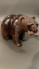 Hand Carved Grizzly  Bear Solid Wooden Statue Sculpture Figurine w/Fish 8”
