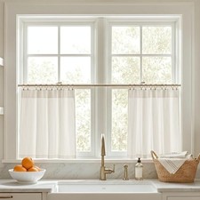 Linen Cafe Curtains for Kitchen Sink 34"W x 30"L Pack of 2 Natural Beige