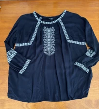 Lucky Brand S Black White Cross Stitch Embroidered 3/4 Sleeve Peasant Boho Top