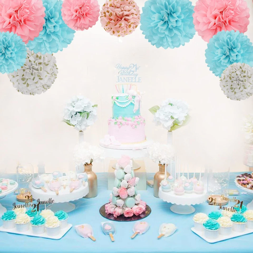 Pompones de tejido dorado rosa-azul 12 piezas revelación de género Baby Shower cumpleaños Foto 3 de 4