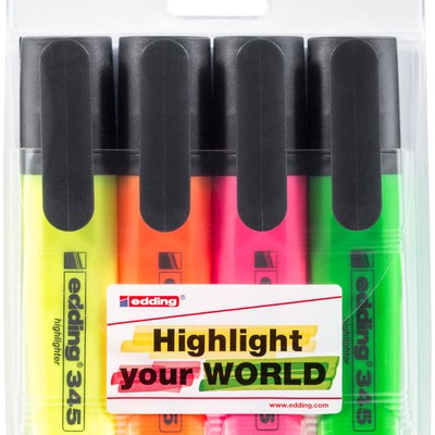 EDDING 345 Highlighters - Assorted Colours (Wallet of 4) - NEW