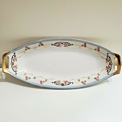 VINTAGE HAND PAINTED NIPPON OVAL SERVING/ CELERY DISH BLUE MAPLE LEAF STAMP 12''