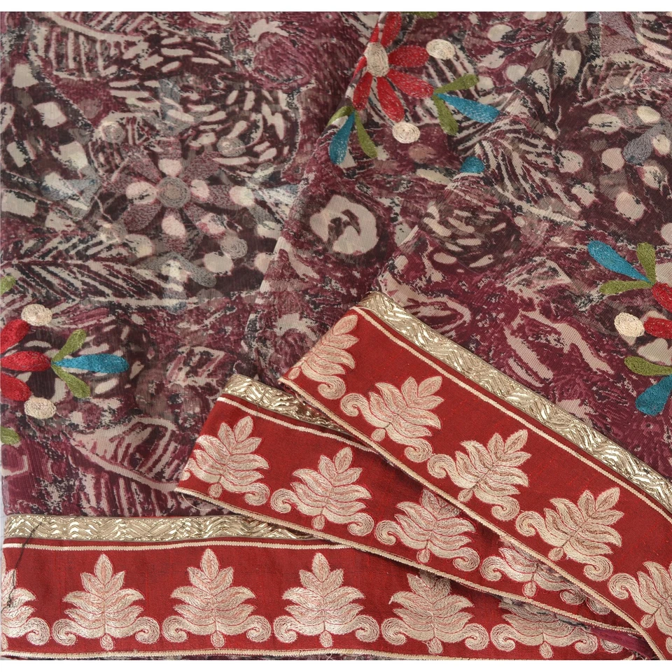 Sánskriti Vintage Saris Púrpura Red Malla Bordada a Mano Tela Artesanal 5 Años Sari Foto 3 de 4