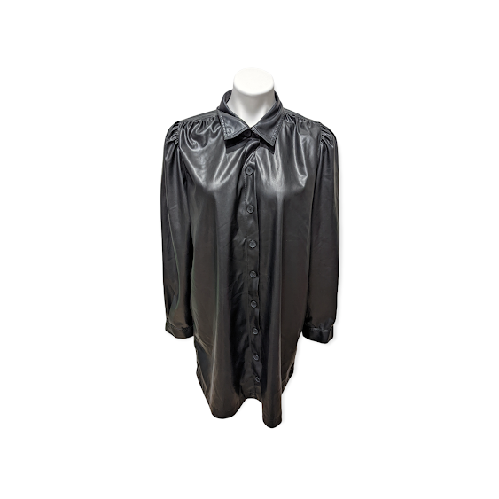 Peter Som Sz 14 Faux Leather Shirt Dress Shirtdress Black Button