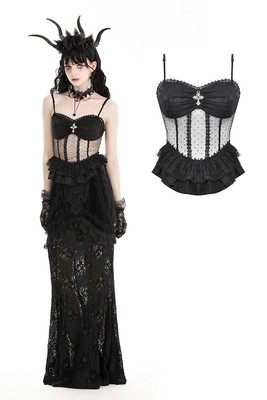 DARK IN LOVE Black Gothic Lace See-Through Sexy Spaghetti Strap Corset Top Women