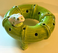 Round Green Ceramic Flower Frog Ring Footed Frog Sitting on Bamboo MCM Marked 