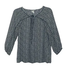 John Robshaw Lucky Brand Blue Geometric Print Peasant Top Small S 3/4 Sleeve
