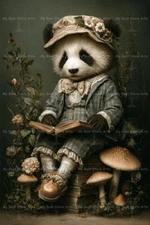 BOOKISH PANDA BEAR ART PRINT, Cottagecore Vintage Style Decor, Fantasy Poster