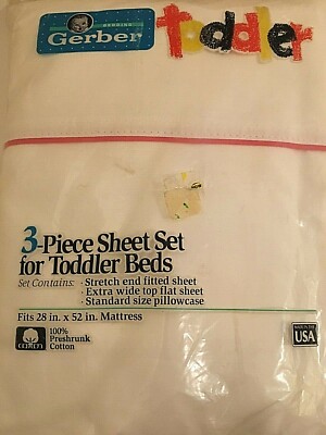Vintage 1990's  Gerber Toddler  Bed 3 pc Cotton Sheet Set New in Package Wht/Pnk