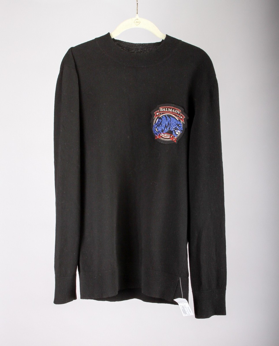 BALMAIN Paris Women's Cashmere Crew Neck Chest Patch Logo Pullover