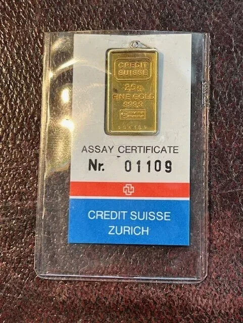 2.5 GRAM CREDIT SUISSE 999.9 GOLD BAR 14K GOLD BEZEL CHARM PENDANT