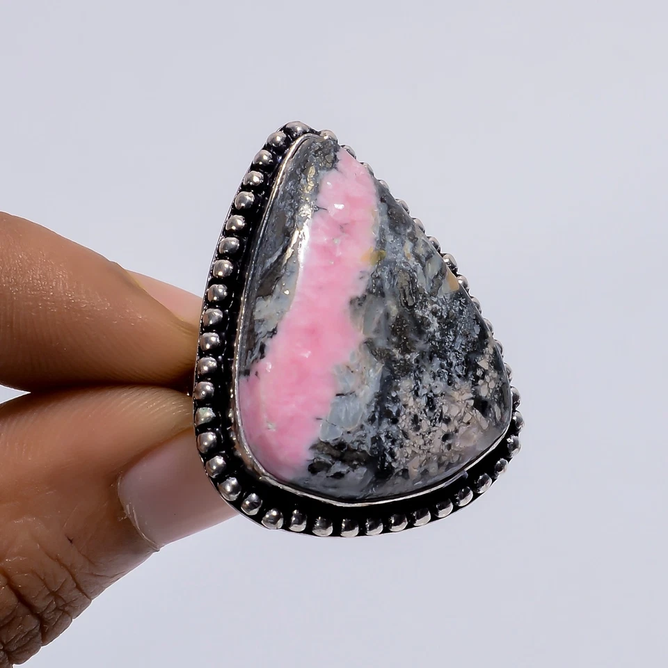 Elegante anillo grande de piedras preciosas de rodonita natural joyería vintage 6 regalo de EE. UU. para ella Foto 2 de 4