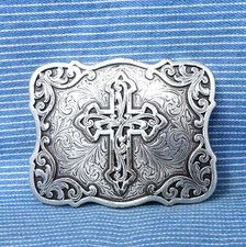 Western Floral Scroll Cross Belt Buckle Religious Cowboy Gothic Vtg 90s .TYC051