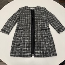 Tahari Arthur S Levine Black White Tweed Chain Trim Open Front Jacket Womens 12