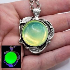 Yellow Opal Uranium Glass Necklace Leaf Motif Silver Tone Pendant