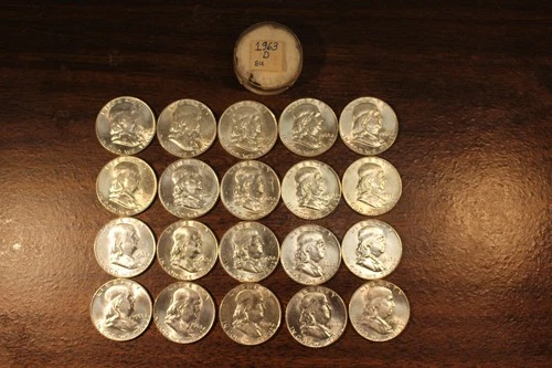 1963-D 50C Franklin Half Dollar Original Roll, 20 Coins Choice to Gem BU, Nice!